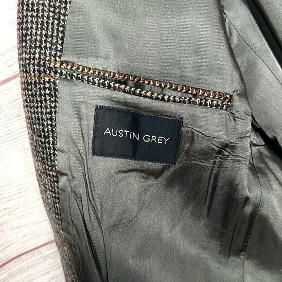 Vintage Mens Austin Grey Wool Sport Coat Houndstooth Black Tan Two Button 42R - Picture 10 of 12